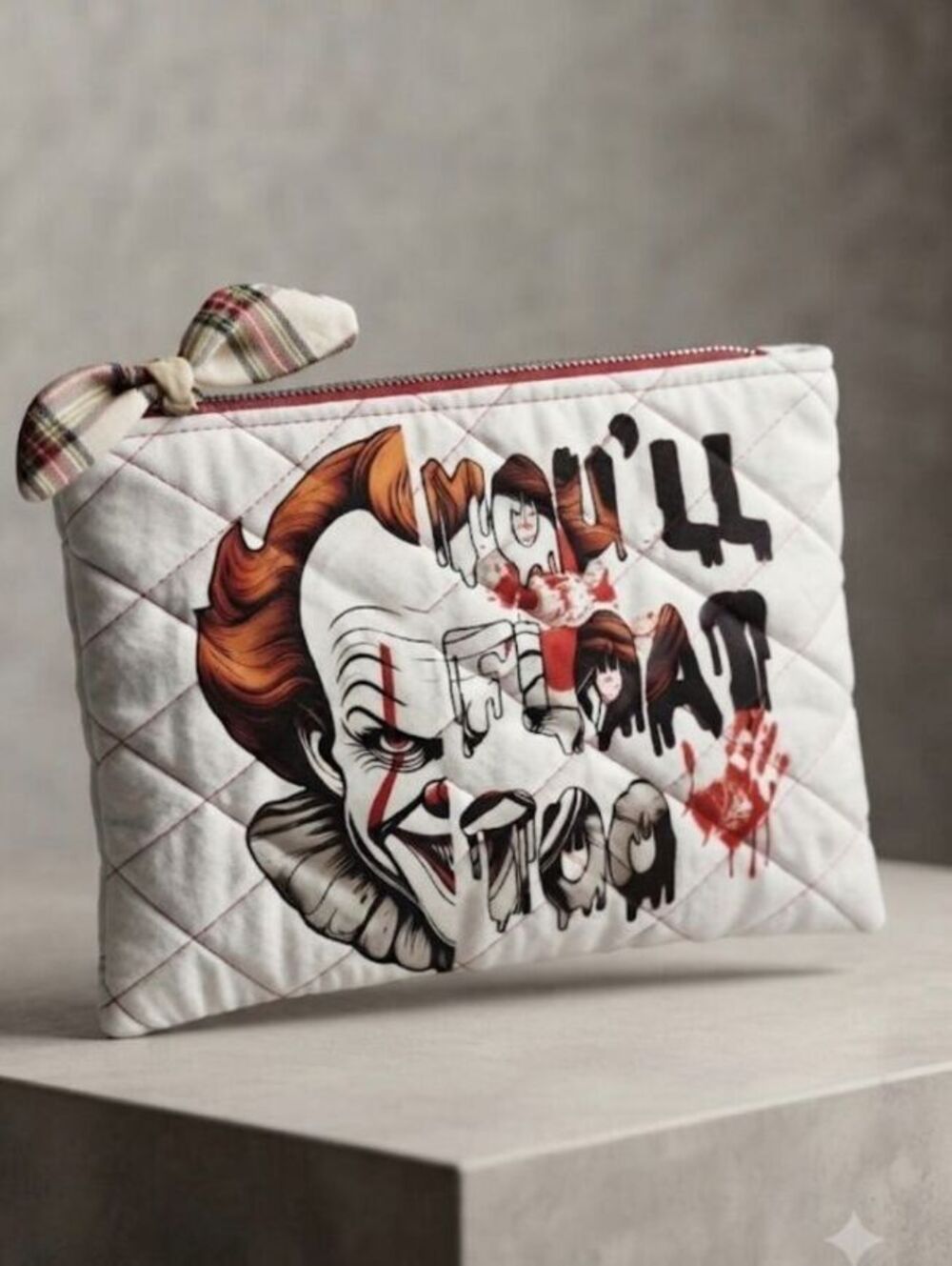Horror clown quilted white bow cosmetic pouch w/ plaid accents scary movie lover